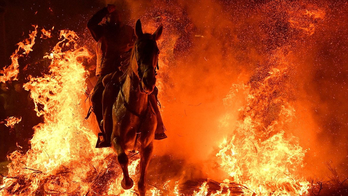 İspanya'da kutsanan atlar ateşin üzerinden atlatıldı